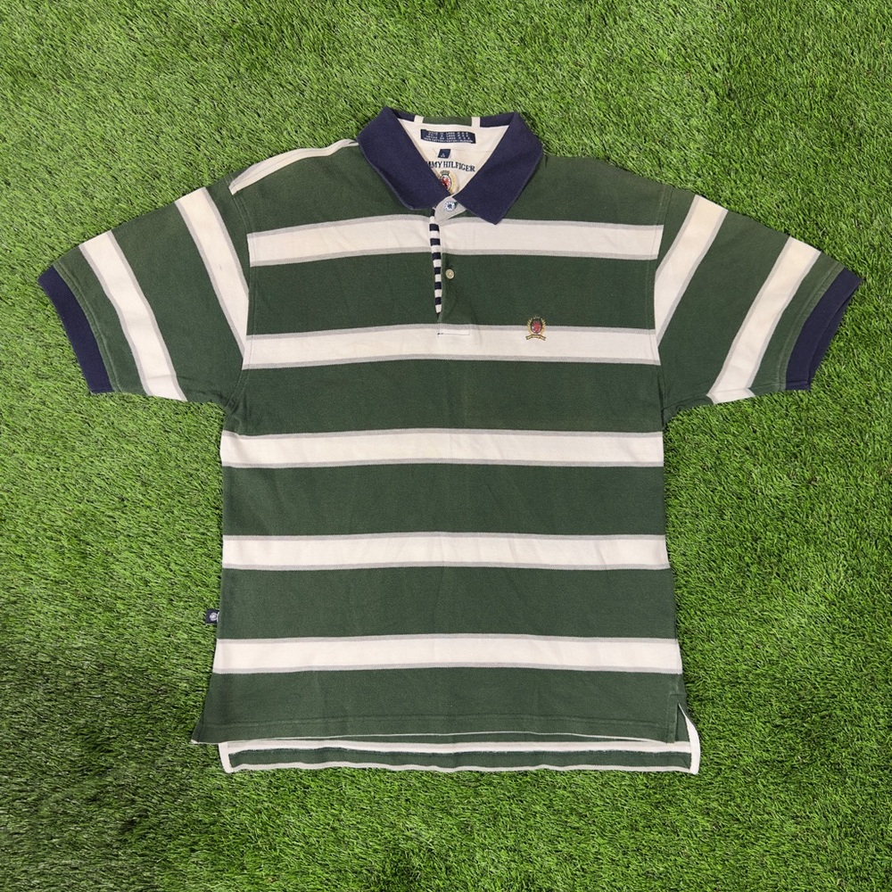 VTG 90's Tommy Hilfiger Crest Logo Off White Dark Green Striped Polo Shirt - L